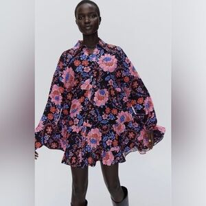 Zara NWT | Floral Long Sleeve Button Down Mini Dress | XS